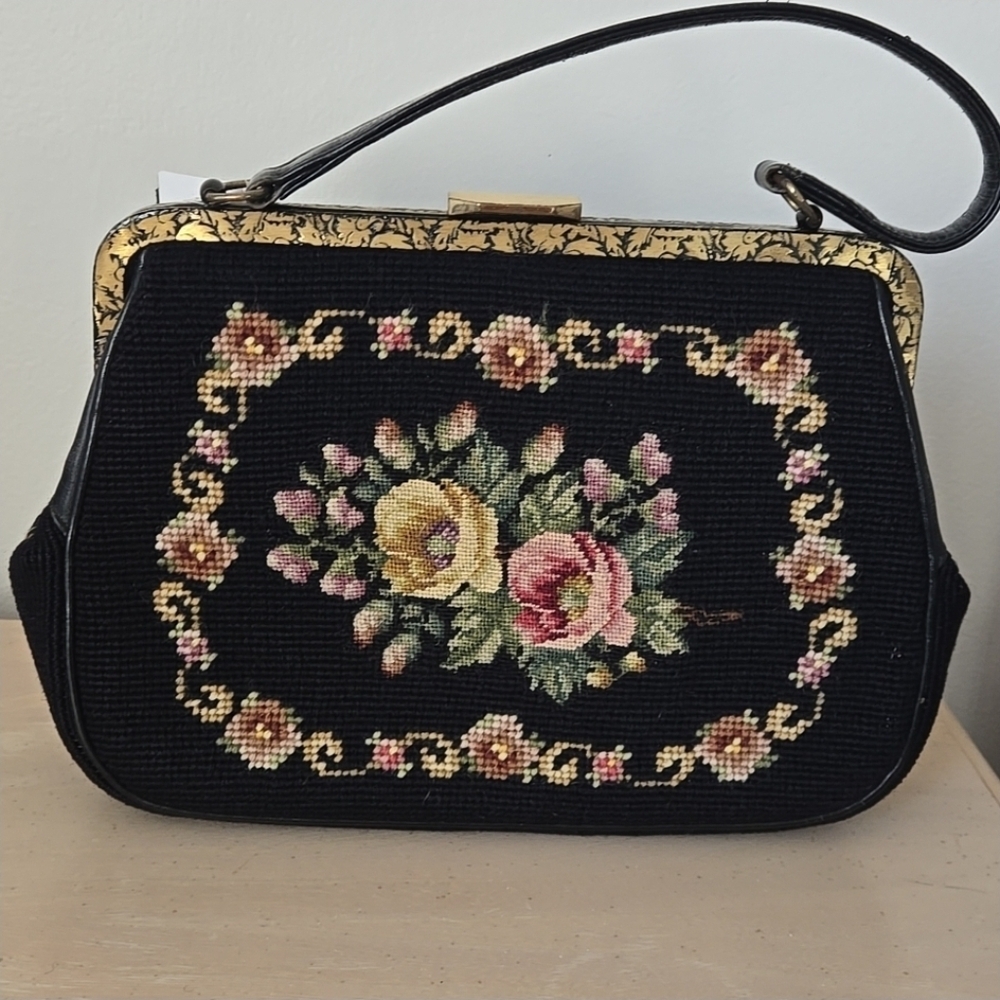 Vintage Petit Point Needlework Purse In Black - Picture 4 of 9